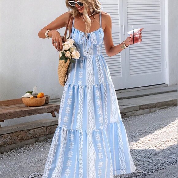 Blue Boho Women's Woven Print Spaghetti Strap Long Dress - Picture 3 of 6